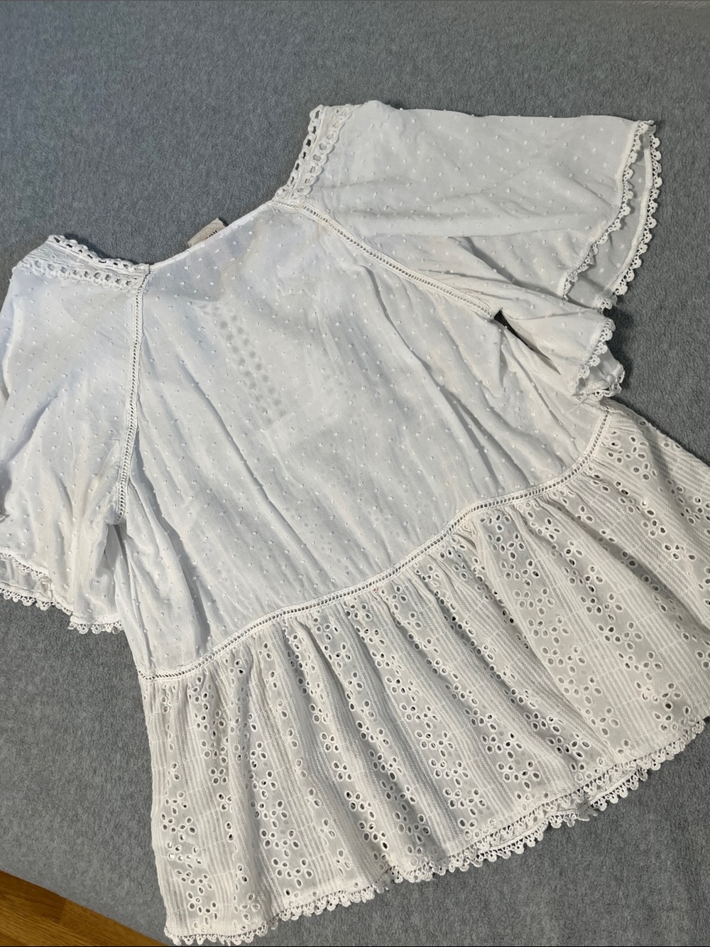 Boho White Eyelet Top Large Sheer Flowy Coastal Cottage Beachie - Picture 6 of 11